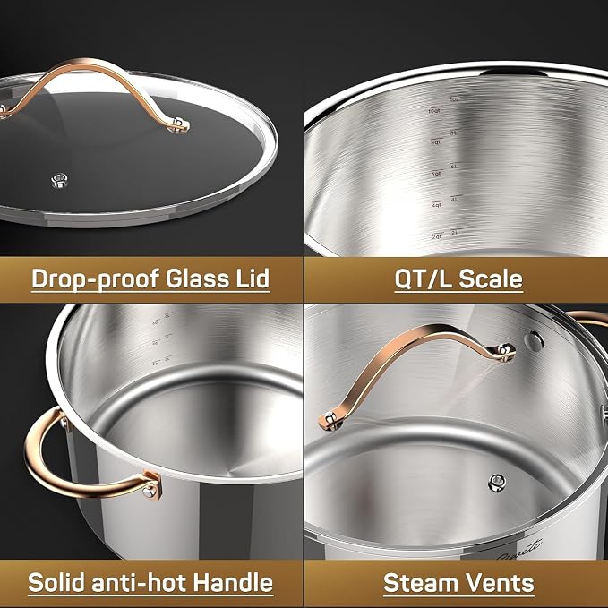 Ciwete Stock Pot 12 Quart, 18/10 Tri-Ply Stainless Steel Whole Clad Stock Pot with Lid, Seamless 12 QT Cooking Pot with Copper Handle, Healthy Stockpots, Induction, Gas, Oven and Dishwasher Safe - Image 3