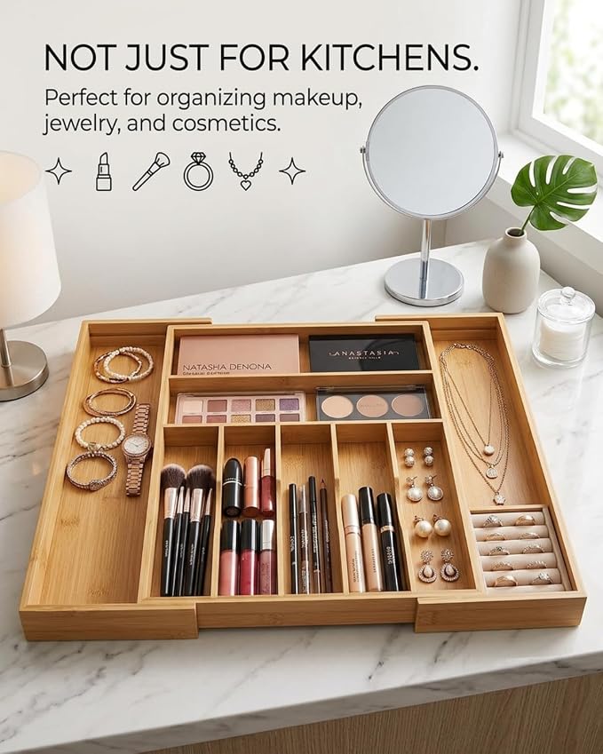 Expandable Bamboo Silverware Drawer Organizer, 5-7 Compartments - Image 6