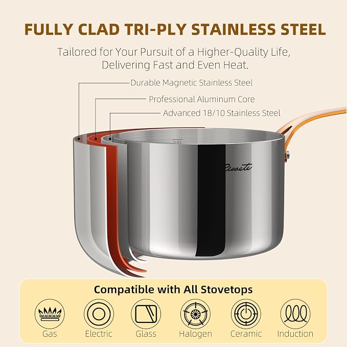 Ciwete 3 Quart Sauce Pan with Lid, Upgraded Tri-Ply Stainless Steel Saucepan with Mirror Polishing and 2 Scales, Induction Ready Cooking Pot with Stay-Cool Brass Handle, Dishwasher & Oven Safe - Image 3