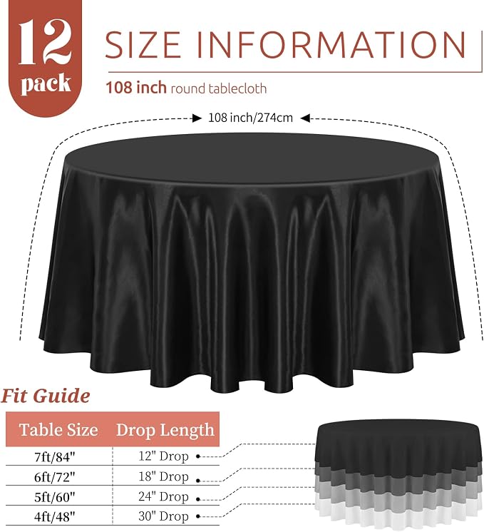 12 Pack 108 Inch Round Satin Tablecloth, Black - Image 2