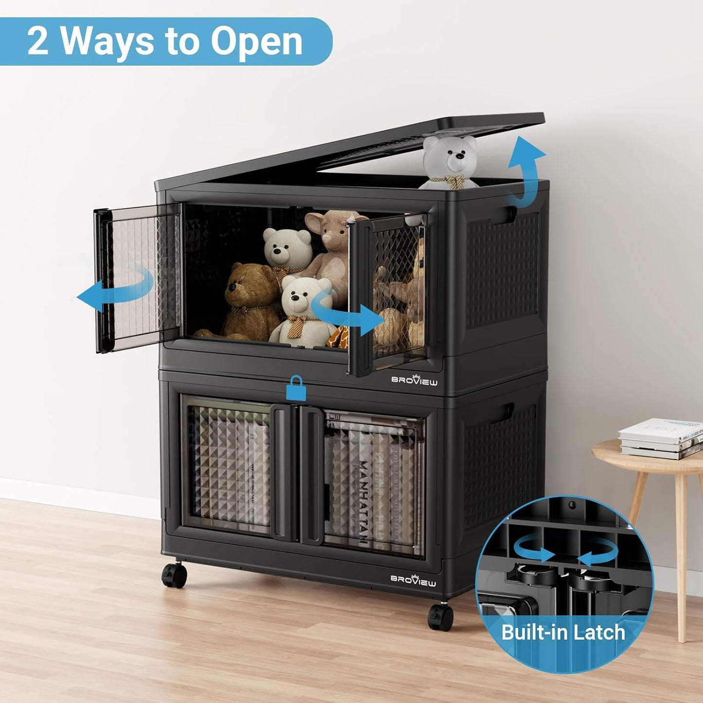 100Qt Stackable Storage Bins with Lids, 25Gal Closet Organizers and Storage Drawer, Plastic Collapsible Storage Bins with Doors, Heavy-Duty Store Box Cabinet for Home Office, 1Pack Black