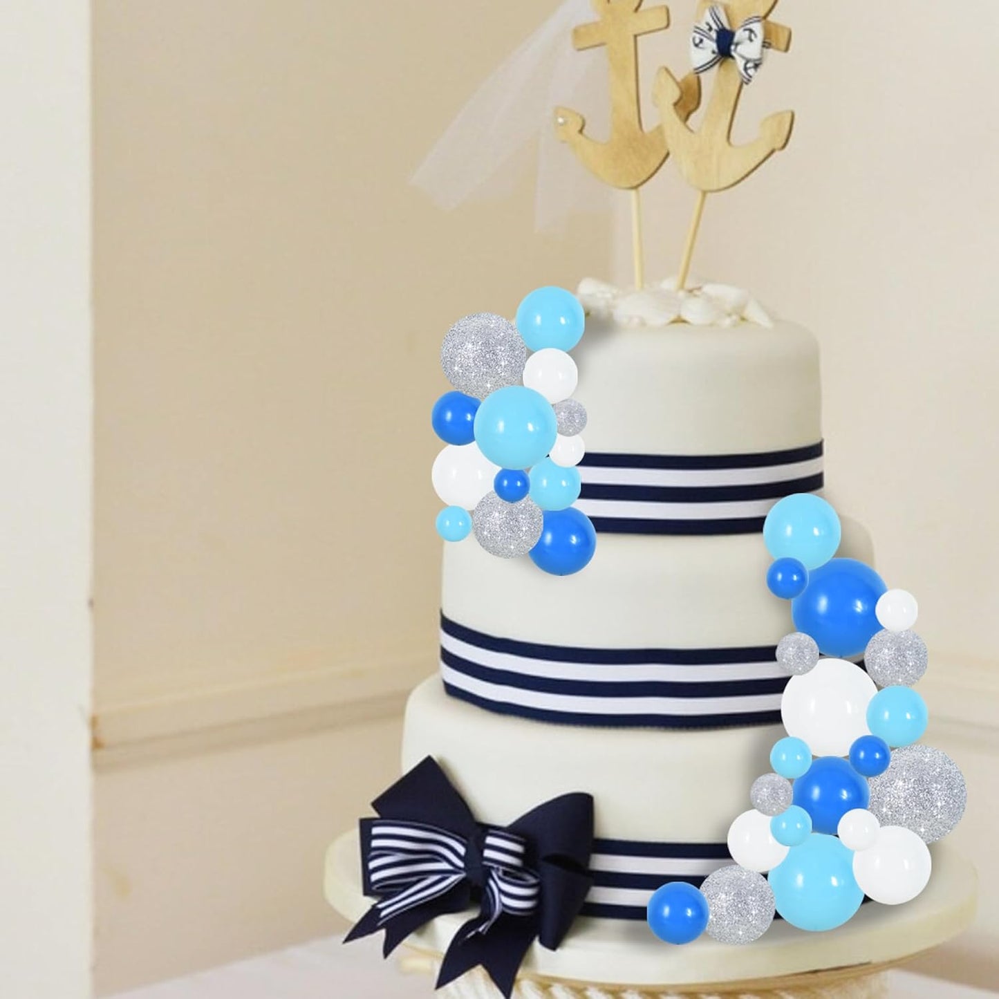 BEISHIDA 40 Pcs Foam Ball Cake Toppers with Sticks Mini Cake Decorations for Birthdays, Boys Party, Baby Showers, DIY Baking Supplies, Winter Party (Blue，White，Silver)