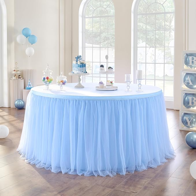 108in Baby Blue Tulle Table Skirts for Rectangle Tables 6/8/4ft, 2-Layer Gold Grim Ruffle Tulle Tutu Blue Cloth Table Skirt 9ft Decor Boy Birthday Party Baby Shower Cake Dessert Tables(No Table Cover) - Image 2