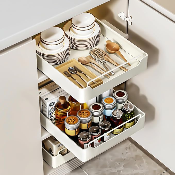 Pull Out Cabinet Organizer Fixed with Adhesive Nano Film, Heavy Duty Slide Out Pantry Shelves, Sliding Drawer Pantry Shelf for Kitchen, Living Room, Home,12.2" W x16.9 D x 2.75" H by QUSEHA