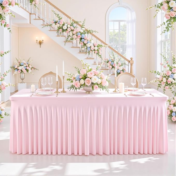 gogoparti 2 Pack Spandex Pink Fitted Table Cloth for 8ft Rectangle Tables Pink Stretch Tablecloth Table Covers Skirt Banquet Tablecloths Wrinkle Free Tablecloth for Parties Wedding - Image 4