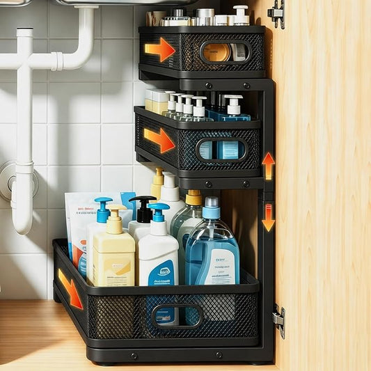 1 Pack 3 Tier Under Sink Organizer with Pull Out Drawer, Height Adjustable Heavy Duty Metal Under Cabinet Organizer, Smooth Sliding Storage Shelf for Kitchen, Bathroom Cabinet Organization, Black by Unknown