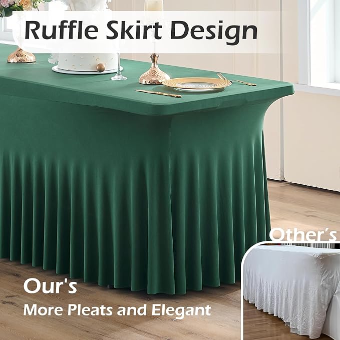 6 pk Hunter Green Spandex Tablecloth for 6 Foot Rectangle Tables, Wrinkle Free Fitted Spandex Table Covers 6ft Green Stretch Table Cloths with Ruffle Skirt for Parties Weddings Banquet Baby Shower - Image 2