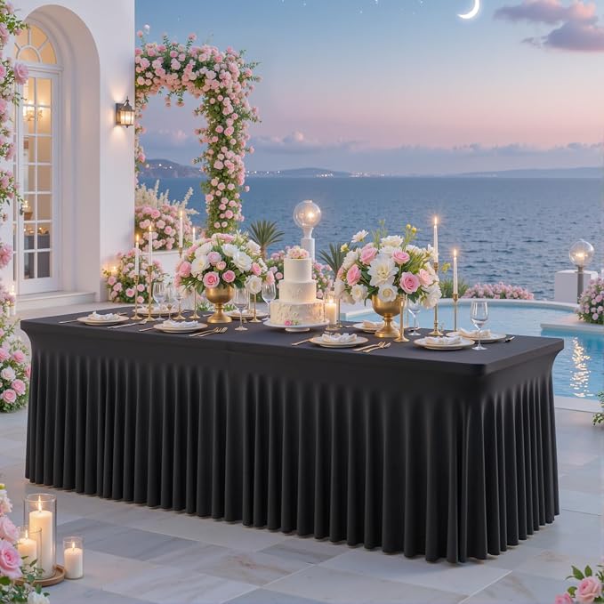 gogoparti 2 Pack Spandex Black Fitted Table Cloth for 8ft Rectangle Tables Black Stretch Tablecloth Table Covers Skirt Banquet Wrinkle Free Tablecloths for Parties Wedding - Image 3