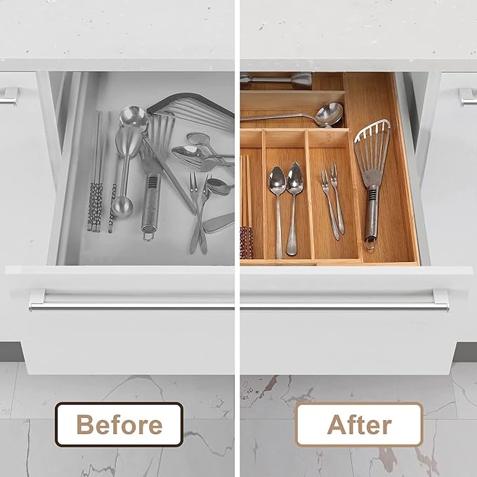 Bamboo Cutlery Tray, Adjustable Drawer Insert with 6 to 8 Compartments, Expandable Cutlery Organiser and Cutlery Tray, Organiser for Kitchen Utensils and Cutlery - Image 4