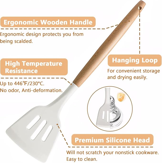 Kitchen Cooking Utensils Set 6Pcs Non-Stick Silicone Kitchen Utensils Spatula Spoon Turner Ladle Pasta Server, Heat Resistant Wooden Handle Silicone Cooking Gadgets Sets for Cookware & Baking - Image 2