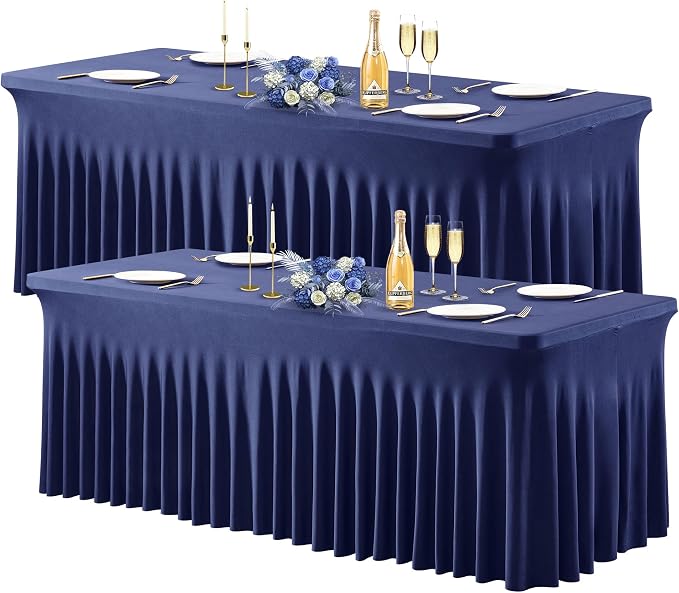 Wish Care 2 Pack Navy Blue Stretch Spandex Table Clothes for 6 Foot Rectangle Tables, 6FT Wrinkle Free Fitted Tablecloths Ruffles Design Table Cover for Party, Banquet, Wedding and Events by WishCare