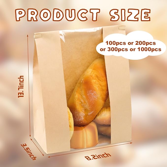 1000 Packs Paper Bread Bags for Homemade Bread, Sourdough Bread Bags with Tin Strip, Bakery Packaging Bags with Clear Window for Cookies Bread (13.7x8.2x3.5 inch) - Image 2