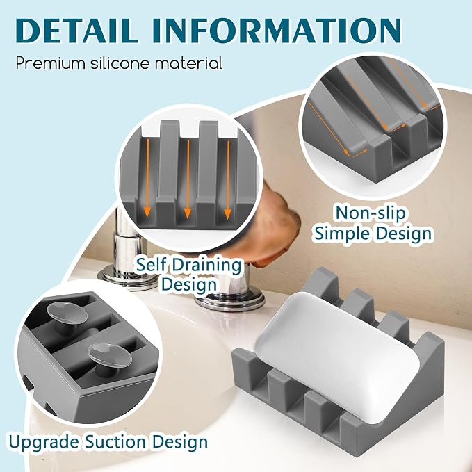 2 Pack Self Draining Silicone Soap Dish for Shower & Kitchen - Waterfall Bar Soap Holder Tray, Non-Slip Soap Saver Keeps Soap Dry, Easy to Clean, Extends Soap Life (Grey) - Image 3