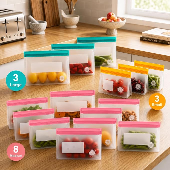 Reusable Food Storage Bags – 14-Pack Stand-Up, BPA-Free, Freezer, Dishwasher Safe & Eco-Friendly – 3 L, 8 M, 3 S Bags – Airtight Leakproof, Sandwich, Snack, and Meal Prep Baggies (Multicolor) - Image 2