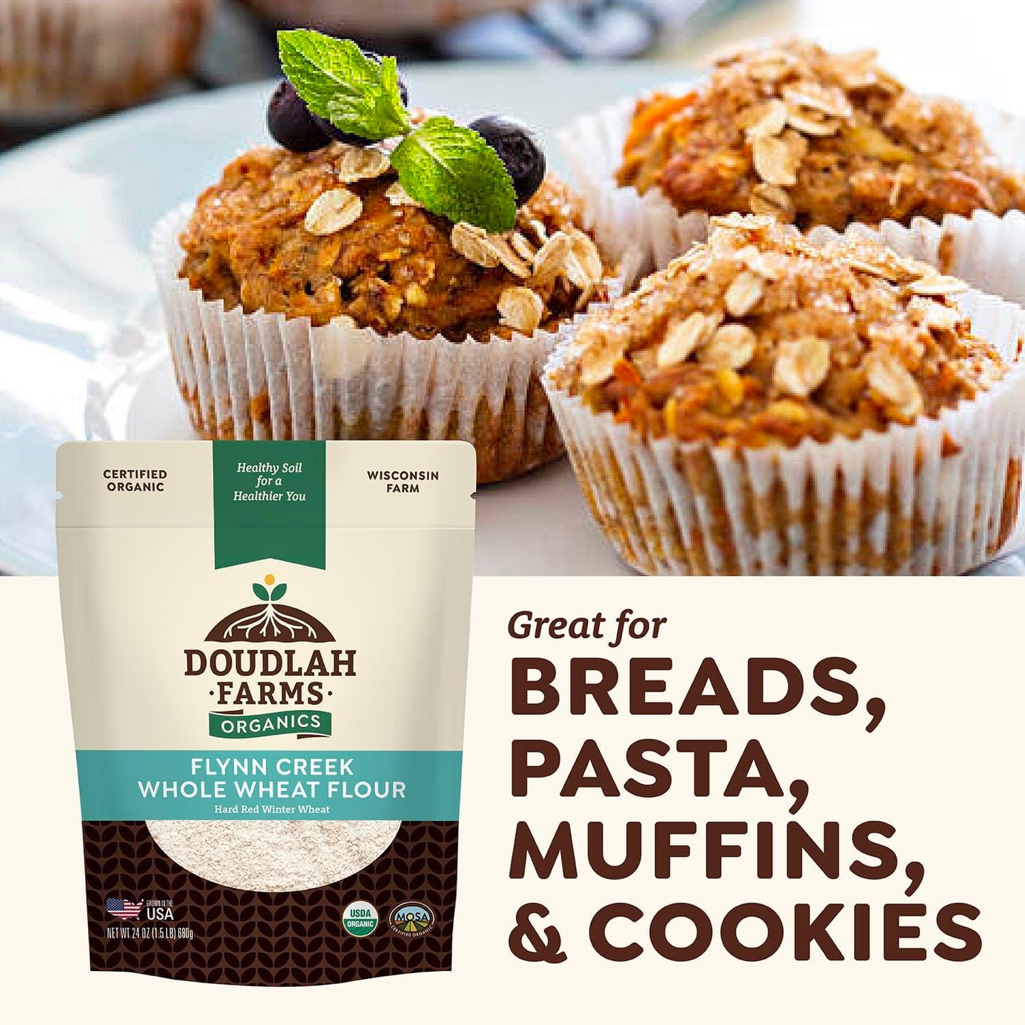 Organic Whole Wheat Flour 25 lb - Non-GMO, Pesticide-Free, Regenerative Organic Certified for Baking Bread, Pizza, Pasta, & More by Doudlah Farms