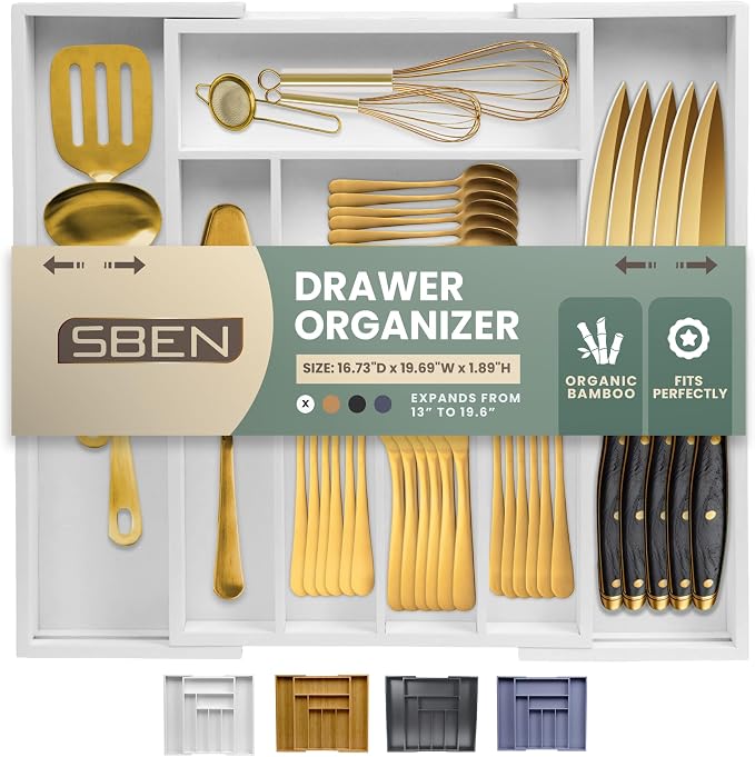 Sben Bamboo Cutlery Drawer Organizer, White, Large by SBEN
