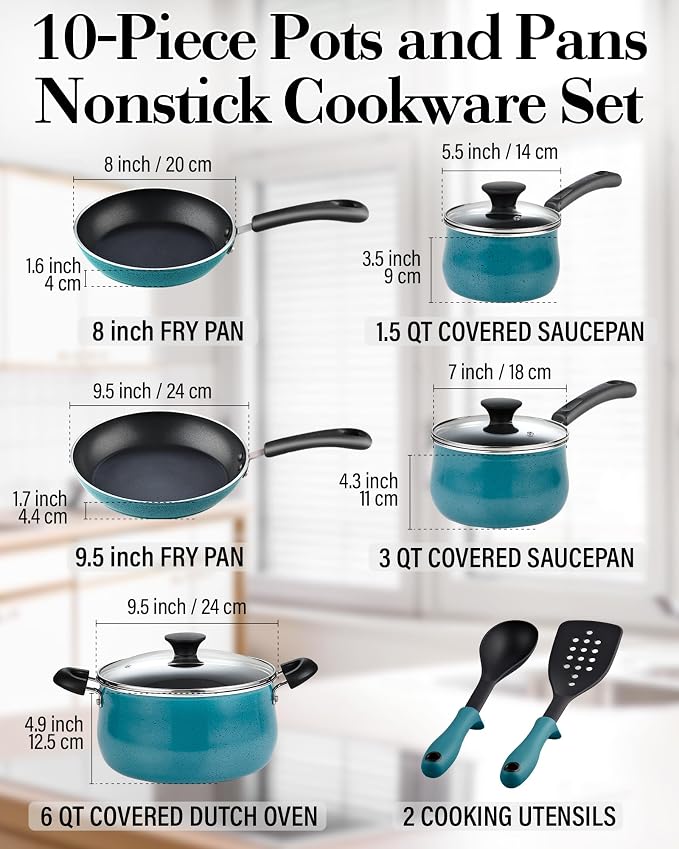 Cook N Home Professional Pots and Pans Nonstick Cookware Set, Belly Shape Kitchen Cooking Set with Frying Pans and Saucepans, Induction Compatible, 10-Piece, Turquoise - Image 2