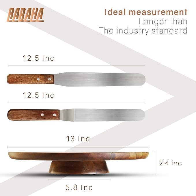 13" Acacia Cake Stand Rotating – Rustic Cake Stand Set Turntable with 2 Icing Spatulas, 3 Smoothers – Wooden Revolving Spinner Cake Decorating Supplies - Use at Parties, Wedding (Acacia Wood) - Image 3