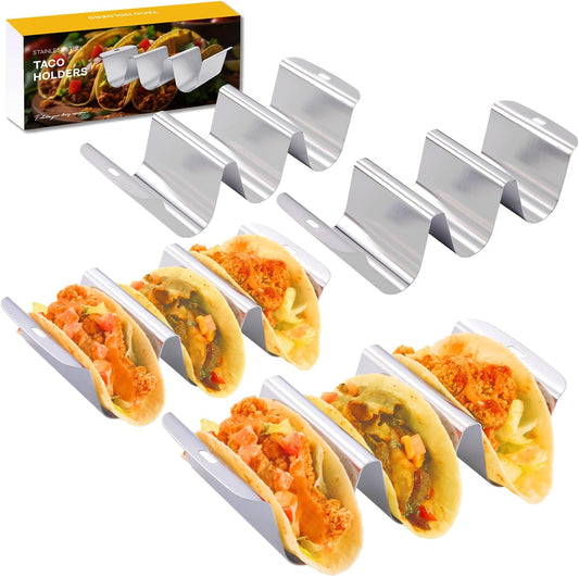 Stainless Steel Taco Holder Stand Set of 4, Total 12 Tacos, U-shape Taco Shell Holder with Handle, Each Stackable Rack Holder Up to 3 Tacos, Dishwasher & Microwave Safe