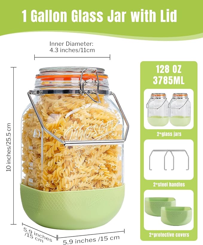 1 Gallon Glass Jars with Lids, Large Mason Jars with Handle & Silicone Base | 2 Pack Wide Mouth Mason Jars, Airtight Seal, Glass Storage Container for Sun Tea, Pickling, Flour Sugar, Kombucha - Image 4