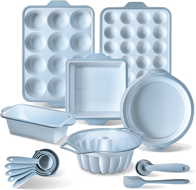 COOK WITH COLOR 17 Pc. Silicone Baking Pan Set - Non-Stick & Easy Clean Silicone Muffin Pans for Baking with Sturdy Metal Frame for Stability, Flexible Cake Molds, Includes Measuring Cups and Spoons by CookwithColor