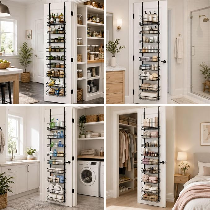 Pantry Door Organizer, 9-Tier Over The Door Pantry Organizer for Kitchen Pantry Storage, Adjustable Metal Hanging Spice Rack with 9 Baskets for Pantry Kitchen Bathroom Laundry Room Closet, Black - Image 7
