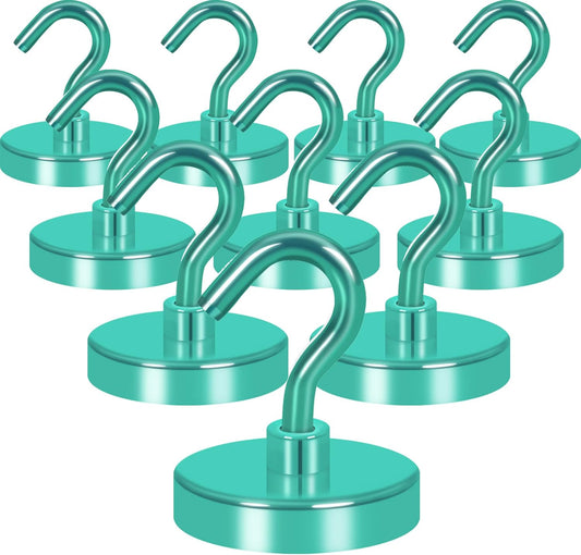 Neosmuk Magnetic Hooks Heavy Duty,Strong Magnet with Hook for Fridge, Super Neodymium Extra Strength Industrial Hooks for Hanging, Magnetic Hanger for Toolbox, Cruise, Grill(Green,10 Pack)