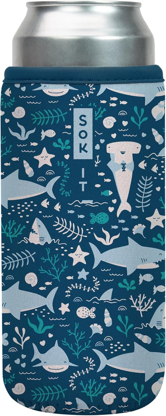 Sok It CanSok Sleeve for Beer & Soda Insulated Neoprene Cover (Happy Sharks, 25oz Can Sleeve)
