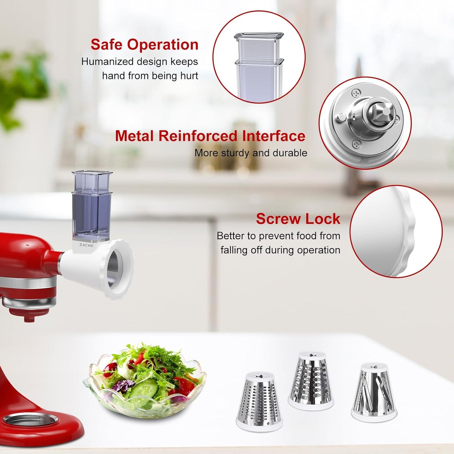 Updated Shredder Cheese Grater Attachment for KitchenAid Stand Mixers, Salad Machine with Vegetable Slicer, Salad Maker, Food Slicers Slicer Shredder Attachment with 3 Blades Dishwasher Safe