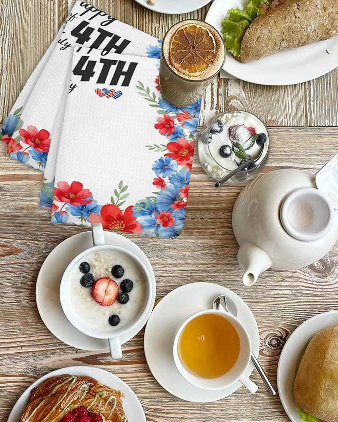 4th of July Hand Towels Set, Waffle Weave Kitchen Towels 4 Pieces, American Flag Red Blue Flowers Leaves Microfiber Hair Face Bath Tea Towel Absorbent Quick Drying Cleaning Dish Cloths, 15.7"x23.6" - Image 4