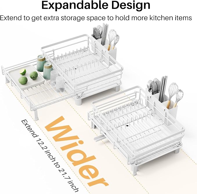 Expandable Dish Drying Rack for Kitchen Counter, Stainless Steel, White - Image 5