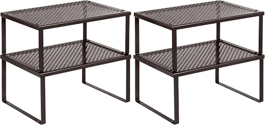 SONGMICS Spice Rack, Cabinet Shelf Organizers, Shelf Organizer, Countertop Organizer, Shelf Riser, Stackable, Expandable, Set of 2 Metal Kitchen Counter Shelves, Brown UKCS01BR (Pack of 2) by Unknown