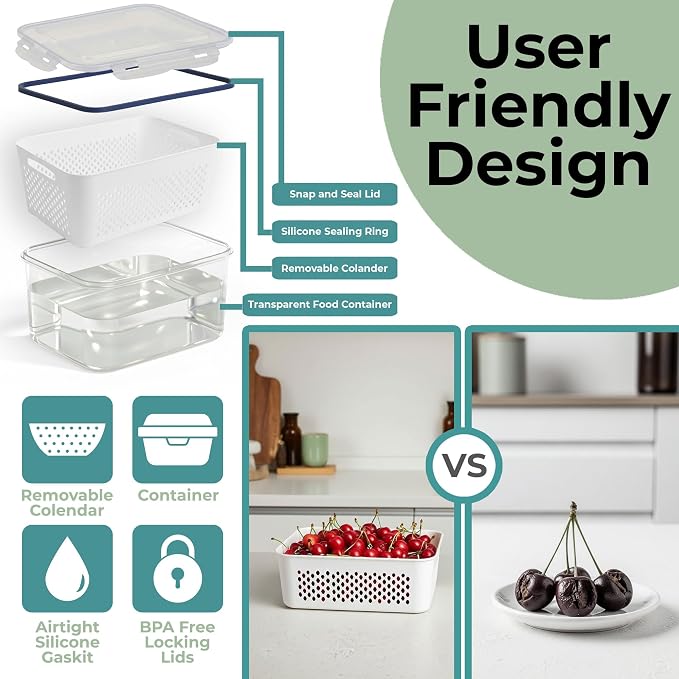 5 Pack Large Fruit Storage Containers for Fridge with Removable Colander | Plastic Food Storage Containers with Lids Airtight-Leak Proof Refrigerator Organizers and Storage of Vegetable - Image 3