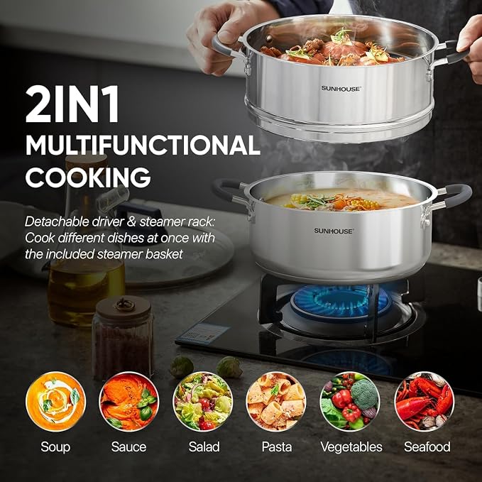 SUNHOUSE 4.6 QT Stainless Steel Steamer Pot for Cooking with Glass Lid - Image 2
