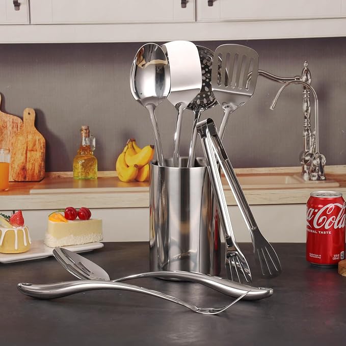 18/10 Stainless Steel Kitchen Utensils Set with Holder for Countertop | 15″ Spatula Spoon Set with Storage Organizer, 12-Pieces, Fork, Tongs, Spatula, Ladle, Skimmer, Turner, Spaghetti, Large Spoon - Image 7