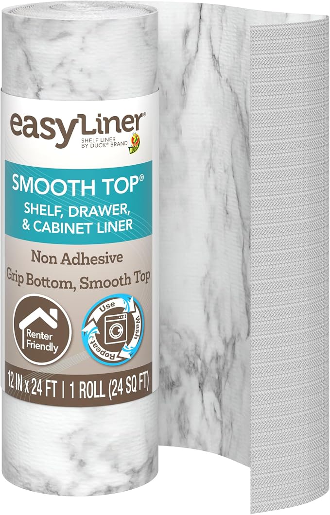 Smooth Top EasyLiner for Cabinets & Drawers, Easy to Install, Shelf Paper & Drawer Liner Non Adhesive, Non Slip Shelf Liner for Pantry, Kitchen Essentials, 12 in x 24 ft (1 Pack), 24 ft, Gray Marble by DuckBrand