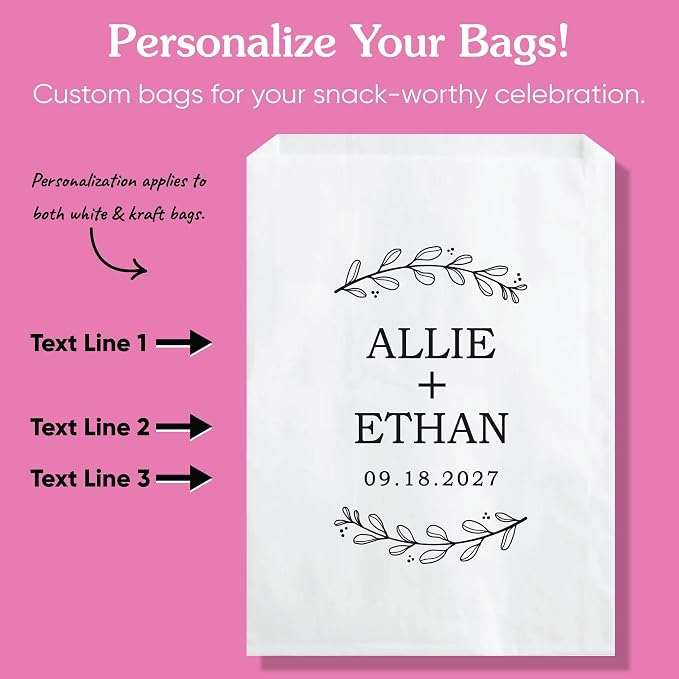Big Dot of Happiness Personalized Rustic Leaves Paper Treat Bags, Custom Wedding Party Individual Candy Snack Favors, Greaseproof Kraft Brown Sandwich Cookie Bags - 25 Count - Image 5