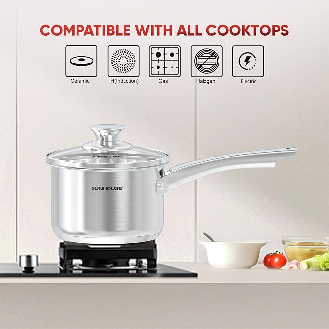 Sunhouse: Stainless Steel Saucepan - Classic: 1.5 Quart - Tempered Glass Lid, 3-Ply Bottom, Round-Edge Cookware Pot, All Cooktop-Oven-Dishwasher Safe - Image 3