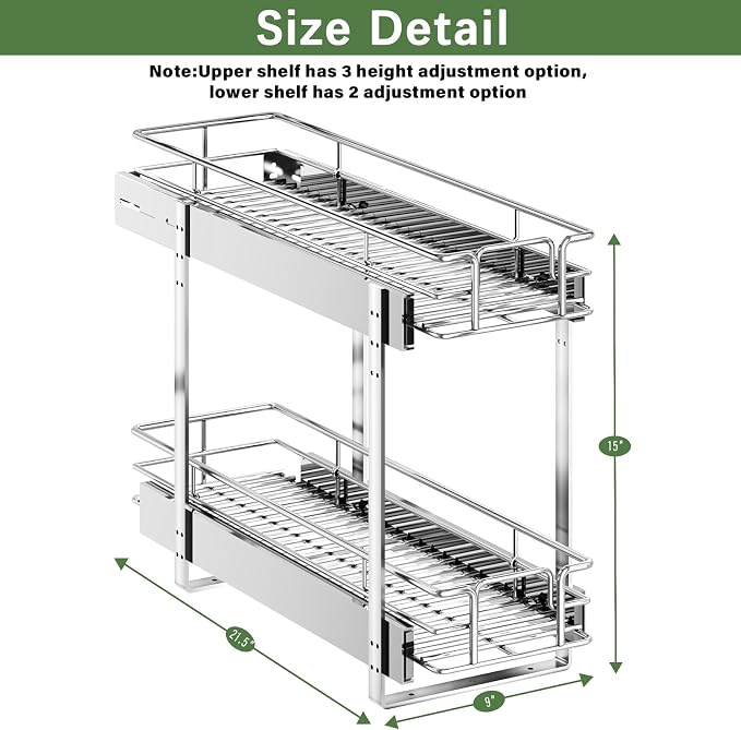 LOVMOR 2 Tier Individual Pull Out Cabinet Organizer 9" W x 21½" D, Slide Out Kitchen Cabinet Storage Sliding Shelves - Image 3