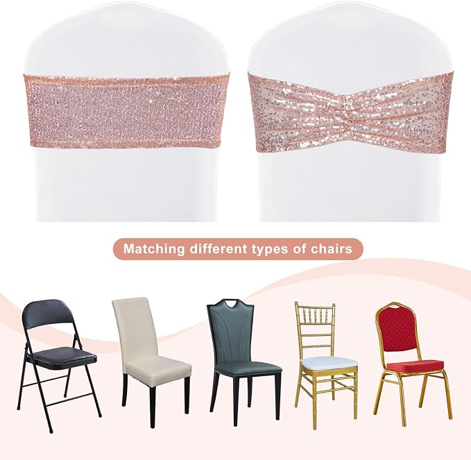 SquarePie Rose Gold Sequin Chair Sashes Bows 120 Pcs Glitter Chair Back Cover Ties Bands for Wedding Banquet Party Decor - Image 7