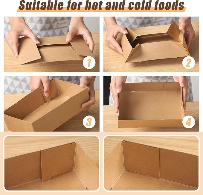 200 Pcs Kraft Paper Food Tray and Checkered Food Wrapping Paper Set 4 Corner Pop up Paperboard Food Box Disposable Foldable Cardboard Trays Brown Greaseproof Food Paper Box for Theater Stadium - Image 4