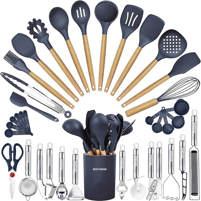 Cooking Utensils Set- 35 PCs Kitchen Utensils with Grater,Tongs, Spoon Spatula &Turner Made of Heat Resistant Food Grade Silicone and Wooden Handles Kitchen Gadgets Tools Set for Cookware by BESTZMWK