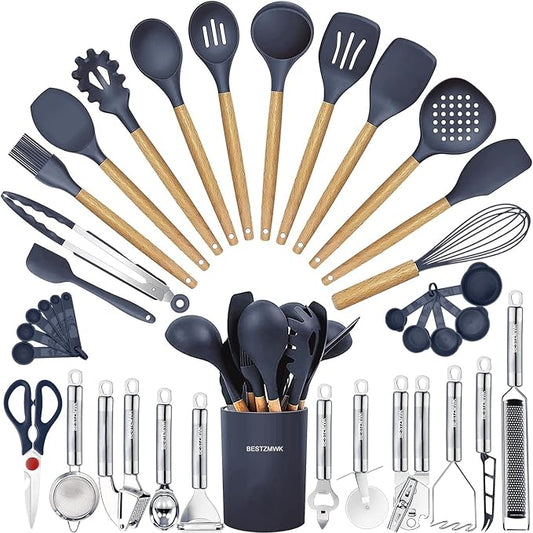 Cooking Utensils Set- 35 PCs Kitchen Utensils with Grater,Tongs, Spoon Spatula &Turner Made of Heat Resistant Food Grade Silicone and Wooden Handles Kitchen Gadgets Tools Set for Cookware by BESTZMWK
