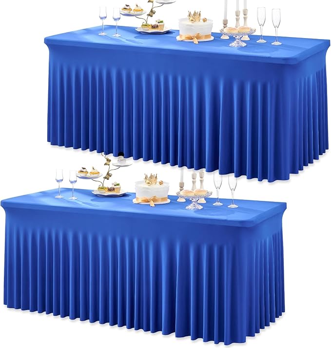 2 Pack Royal Blue Spandex Table Clothes for 6 Foot Rectangle Tables, Wrinkle Free Fitted Table Cover 6ft Stretchy Tablecloths with Skirt for Parties Weddings Birthday Banquet Baby Shower by Htper