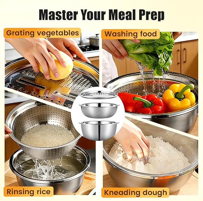 Germany Multifunctional Stainless Steel Basin, 3 in 1 Multifunctional Stainless Steel Basin Strainer Set with Grater, Strainer Drain Basket for Rinsing Draining Mixing (M (10.24in)) - Image 6
