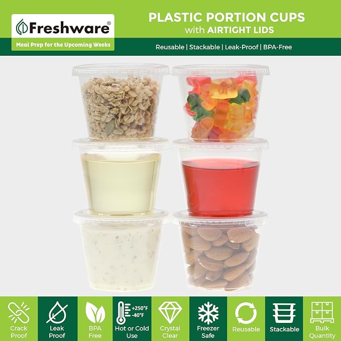 Freshware Plastic Portion Cups with Lids [5.5 Ounce, 200 Sets] Souffle, Jello Shot, Condiment Sauce Containers For Sampling, Sauce, Snack or Dressing (Pack of 2) - Image 2
