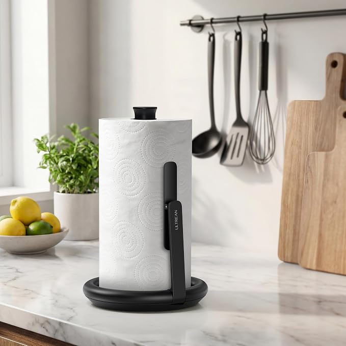 Ultrean Paper Towel Holder Countertop, Freestanding Paper Towel Dispenser with Spring-Loaded Arm for One-Handed Tear, Weighted Non-Slip Base, Stainless Steel for Kitchen, Black - Image 7
