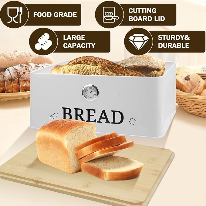White Bread Box for Kitchen Countertop, Bamboo Lid with Hygrometer - Image 3