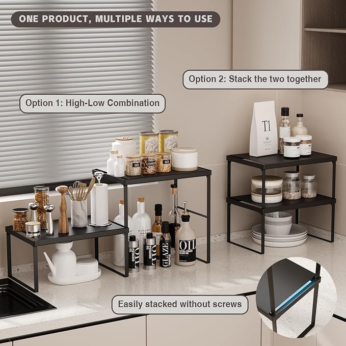 Spicy Shelf Stackable Kitchen Countertop Organizer Heavy Duty Kitchen Counter Shelf Metal Spice Rack for Countertop (2 Pack, Black) - Image 6