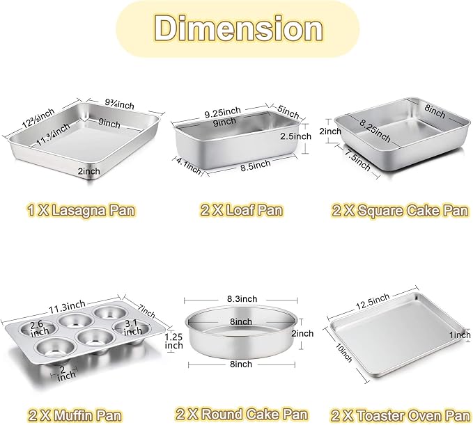 TeamFar Stainless Steel Bakeware Set of 11 | Toaster Oven Baking Pan Set, Lasagna Pan, Square & Round Cake Pan, Loaf Pan & Muffin Pan, Healthy & Sturdy, Dishwasher Safe - Image 2